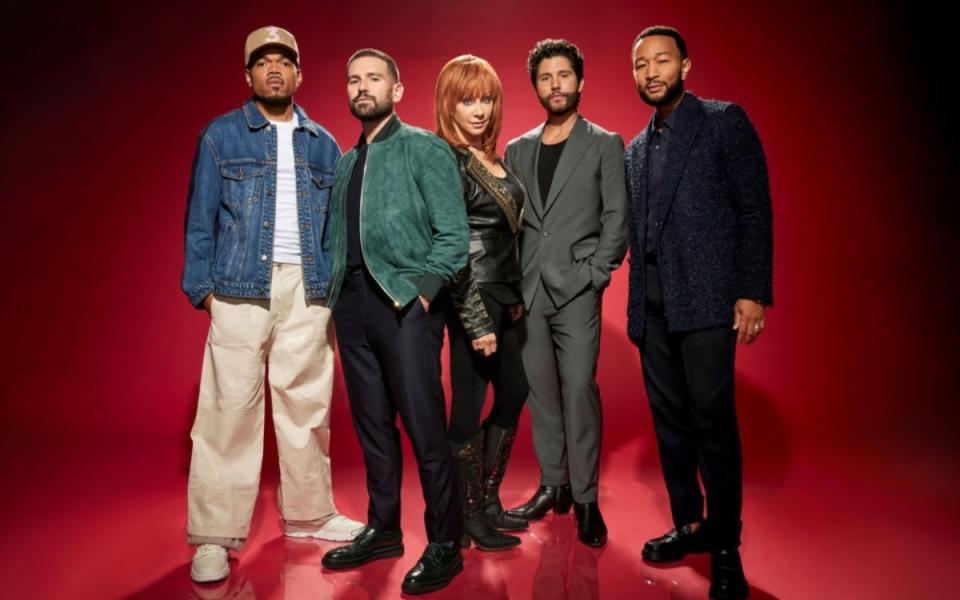 Chance the Rapper, Shay Mooney, Reba McEntire, Dan Smyers and John Legend<p>Photo by: Art Streiber/NBC</p>