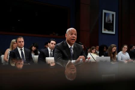 Former U.S. Secretary of Homeland Security Jeh Johnson testifies about Russian meddling in the 2016 election before the House Intelligence Committee on Capitol Hill in Washington, U.S., June 21, 2017. REUTERS/Aaron P. Bernstein