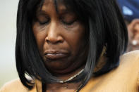 RowVaughn Wells, mother of Tyre Nichols, who died after being beaten by Memphis police officers, reacts at a news conference with civil rights Attorney Ben Crump in Memphis, Tenn., Friday, Jan. 27, 2023. (AP Photo/Gerald Herbert)