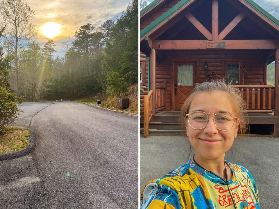 Left image: A paved road with trees lining both sides and the sun peering behind a cloud. Right image: The author stands smiling in front of a wood cabin with a green roof.