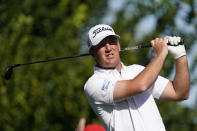 Tom Hoge hits from the 16th tee during the third round of the American Express golf tournament at La Quinta Country Club Saturday, Jan. 22, 2022, in La Quinta, Calif. (AP Photo/Marcio Jose Sanchez)