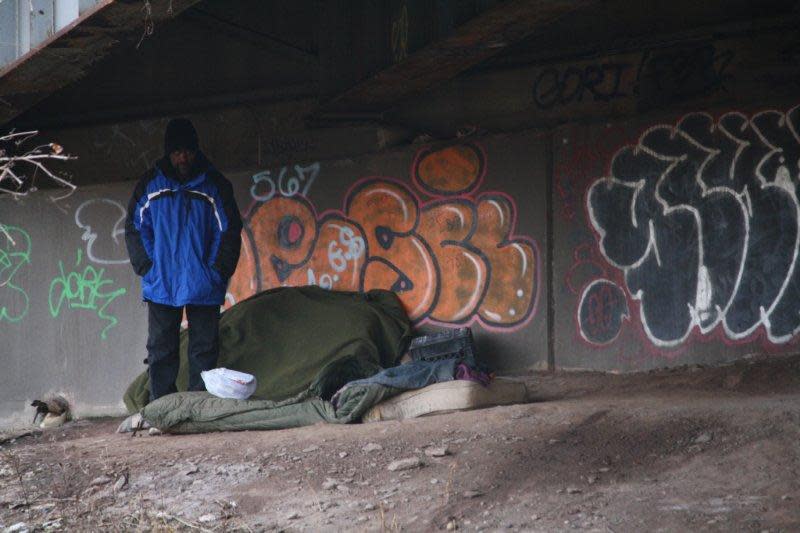 Sleeping arrangements for a homeless man under I-84-East in Hartford.