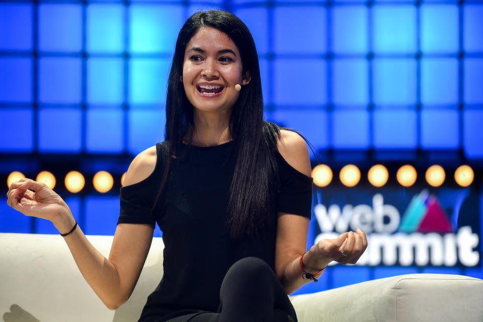 LISBON , PORTUGAL - 5 November 2019; Melanie Perkins, Co-founder & CEO, Canva, on Centre Stage during the opening day of Web Summit 2019 at the Altice Arena in Lisbon, Portugal. (Photo By David Fitzgerald/Sportsfile for Web Summit via Getty Images)