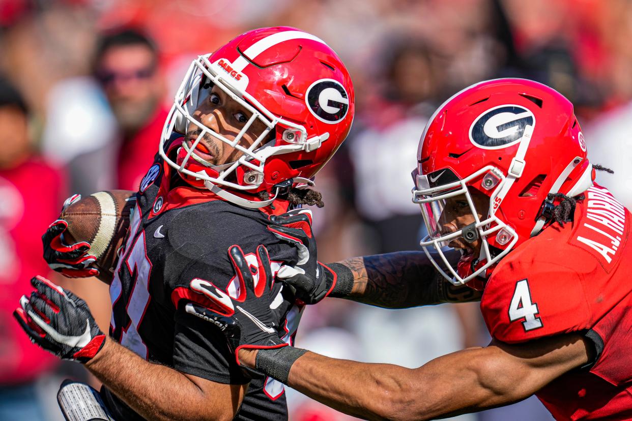 Former Georgia cornerback A.J. Harris (4) got some work in the team's spring scrimmage last April. The highly-prized sophomore-to-be recently transferred to Penn State and expects to challenge for a starting spot in 2024.