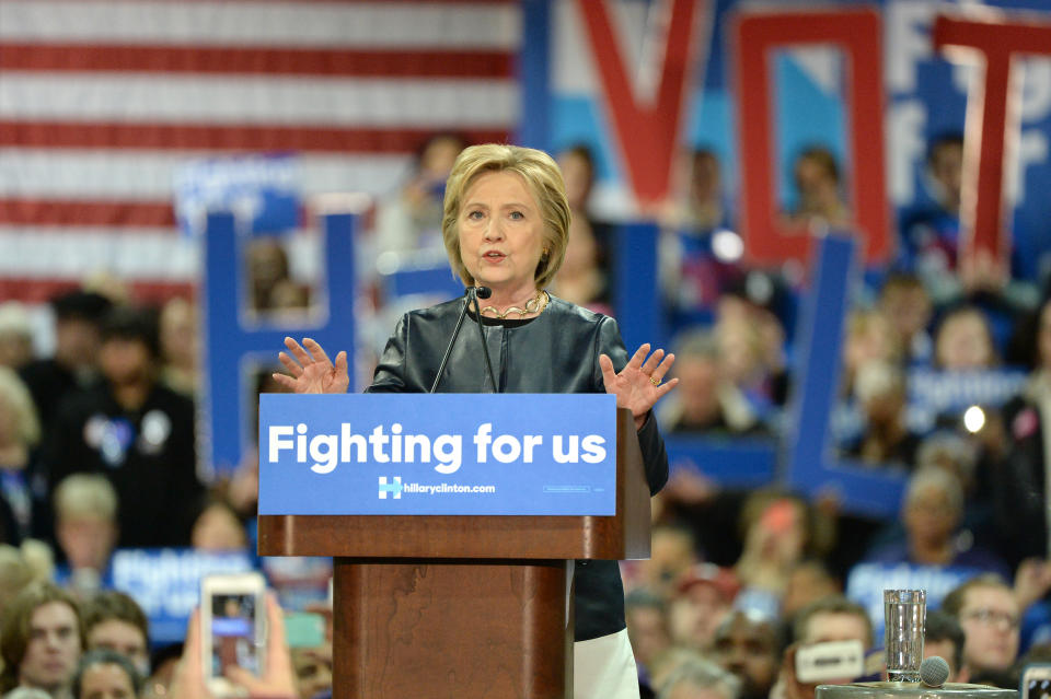 Saint Louis, MO, USA - March 12, 2016: Democratic presidential candidate and former Secretary of State Hillary Clinton campaigns at Nelson-Mulligan Carpenters Training Center in St. Louis.