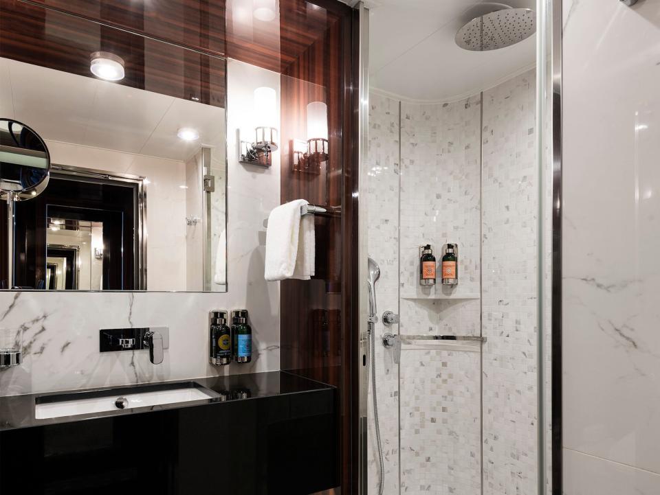 a shower, sink, and other bathroom amenities