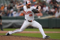 Baltimore Orioles relief pitcher Craig Kimbrel throws to the Minnesota Twins during the ninth inning of a baseball game, Wednesday, April 17, 2024, in Baltimore. The Orioles won 4-2. (AP Photo/Jess Rapfogel)