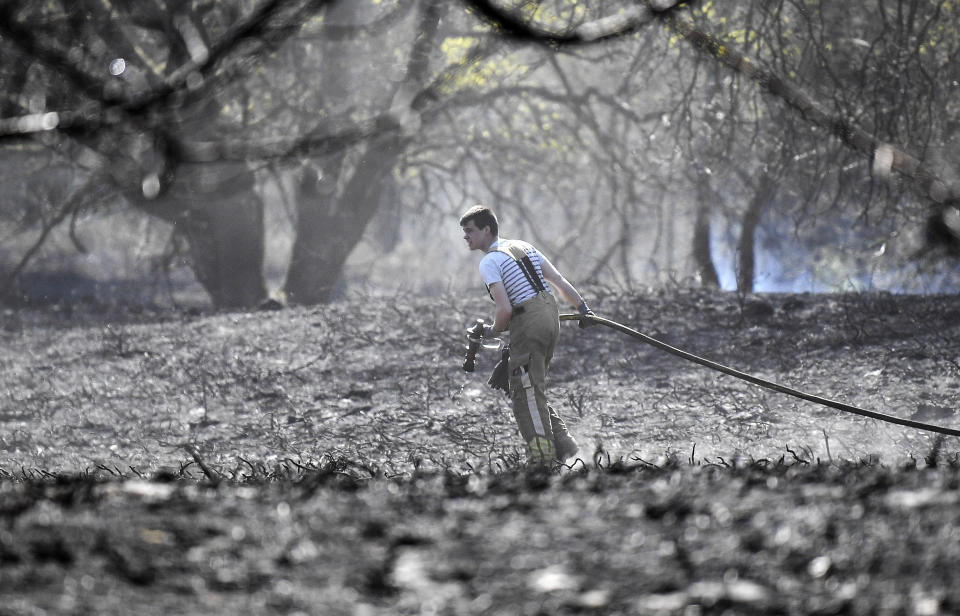 FILE - In this April 22, 2020 file photo, firefighters works at a forest fire in a burned national park at the Dutch-German border near Herkenbosch, Netherlands. The world could see average global temperatures 1.5 degrees Celsius (2.7 Fahrenheit) above the pre-industrial average for the first time in the coming five years, the U.N. weather agency said Thursday. The 1.5-C mark is a key threshold that countries have agreed to limit global warming to, if possible. Scientists say average temperatures around the world are already at least 1 C higher now than during the period from 1850-1900 because of man-made greenhouse emissions. (AP Photo/Martin Meissner, file)