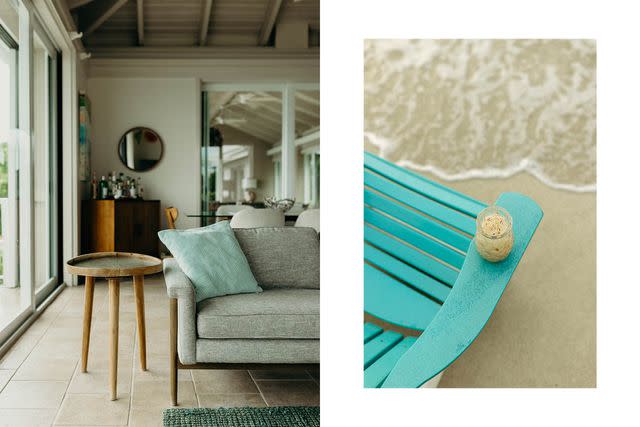 <p>Meredith Zimmerman</p> From left: The living room of Hale Lani, a rental villa near Great Cruz Bay; a surfside Painkiller cocktail near Cruz Bay.