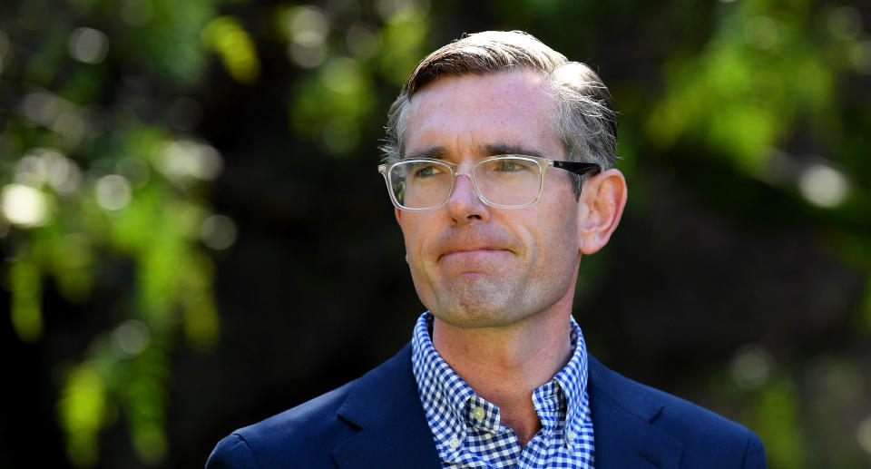 NSW Premier Dominic Perrottet speaks to the media during a press conference in Sydney, Sunday, October 17, 2021. NSW has reached its target of 80 per cent full vaccination for people aged over 16, clearing the way for a further easing of restrictions. (AAP Image/Bianca De Marchi) NO ARCHIVING