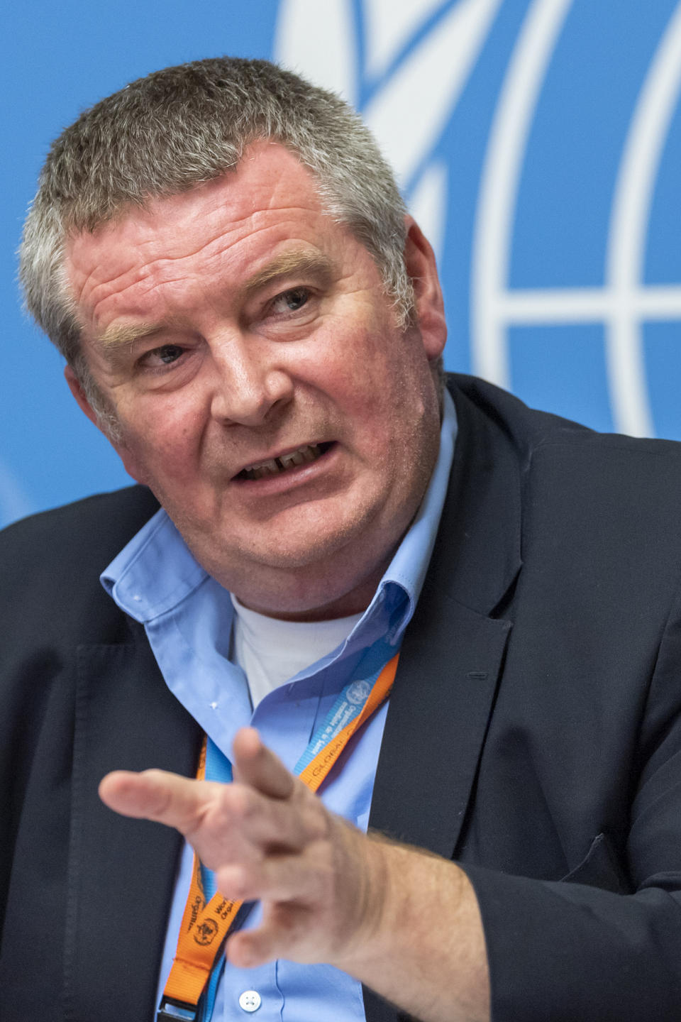 Michael Ryan, Executive Director, WHO Health Emergencies Programme, speaks about the Update on WHO Ebola operations in the Democratic Republic of the Congo (DRC), at the European headquarters of the United Nations in Geneva, Switzerland, Friday, May 03, 2019. (Martial Trezzini/Keystone via AP)