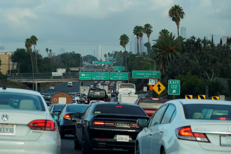 FILE PHOTO: Morning traffic makes its way along a Los Angeles freeway in Los Angeles,