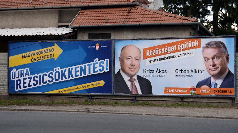 Election boards of the Fidesz party reads "We are building a community - We are stronger together! Hungary joins forces!" in Miskolc, Hungary on October 6, 2014