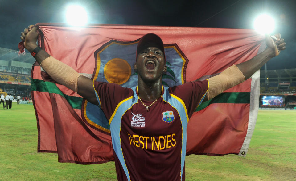 COLOMBO, SRI LANKA - OCTOBER 07: West Indies captain Darren Sammy celebrates winning the ICC World Twenty20 2012 Final between Sri Lanka and the West Indies at R. Premadasa Stadium on October 7, 2012 in Colombo, Sri Lanka. (Photo by Gareth Copley/Getty Images)