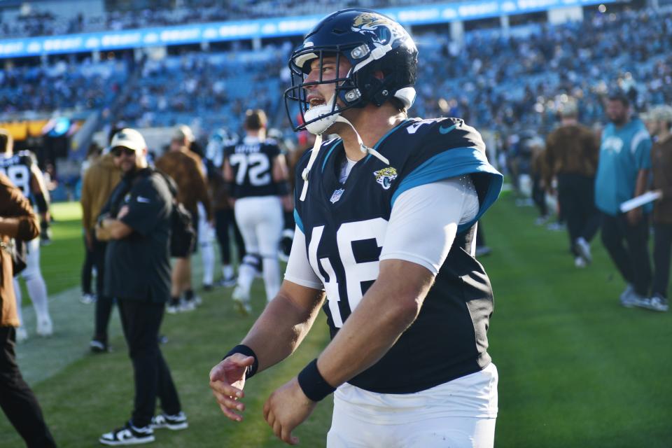 Jacksonville Jaguars long snapper Ross Matiscik (46) yells as seconds tick off the clock during the fourth quarter of an NFL football matchup Sunday, Nov. 19, 2023 at EverBank Stadium in Jacksonville, Fla. The Jacksonville Jaguars defeated the Tennessee Titans 34-14. [Corey Perrine/Florida Times-Union]