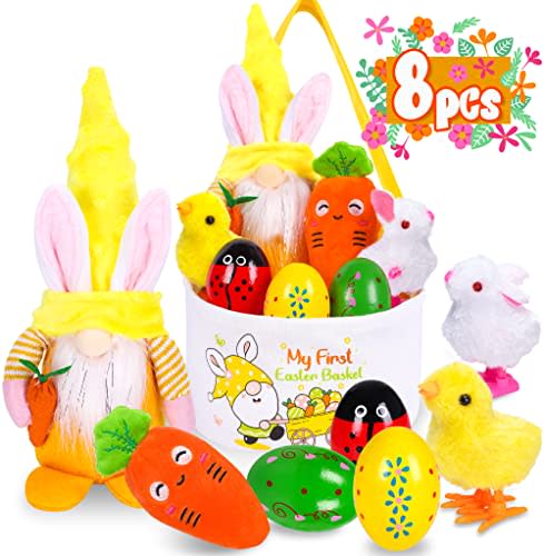 80UncleKimby 8PCS My First Easter Basket Stuffers Gifts Baby Kids - Includes Eggs, Wind-Up Bunny & Chick, Stuffed Plush Carrot, Gnome for Toddlers Girls Boys Party Favors