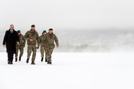 Britain's Prince Harry, Captain General of the Royal Marines and Duke of Sussex, visits Commando Helicopter Force on Exercise Clockwork at Royal Norwegian Air Force Station Bardufoss, Norway February 14, 2019. Royal Navy/Phot JJ Massey Handout via REUTERS
