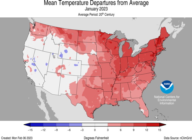 Much warmer than normal temperatures pushed the nation's  average temperature in January to more than 5 degrees above normal, making it the sixth warmest on record, while New England saw its warmest January ever.