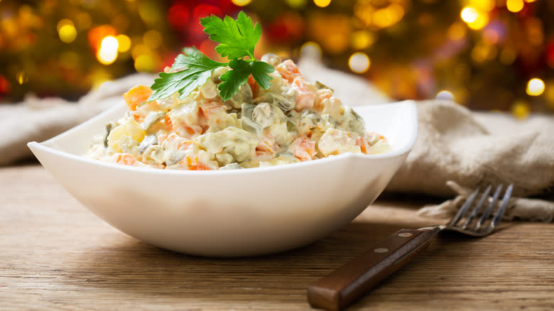 Olivier salad with garnish