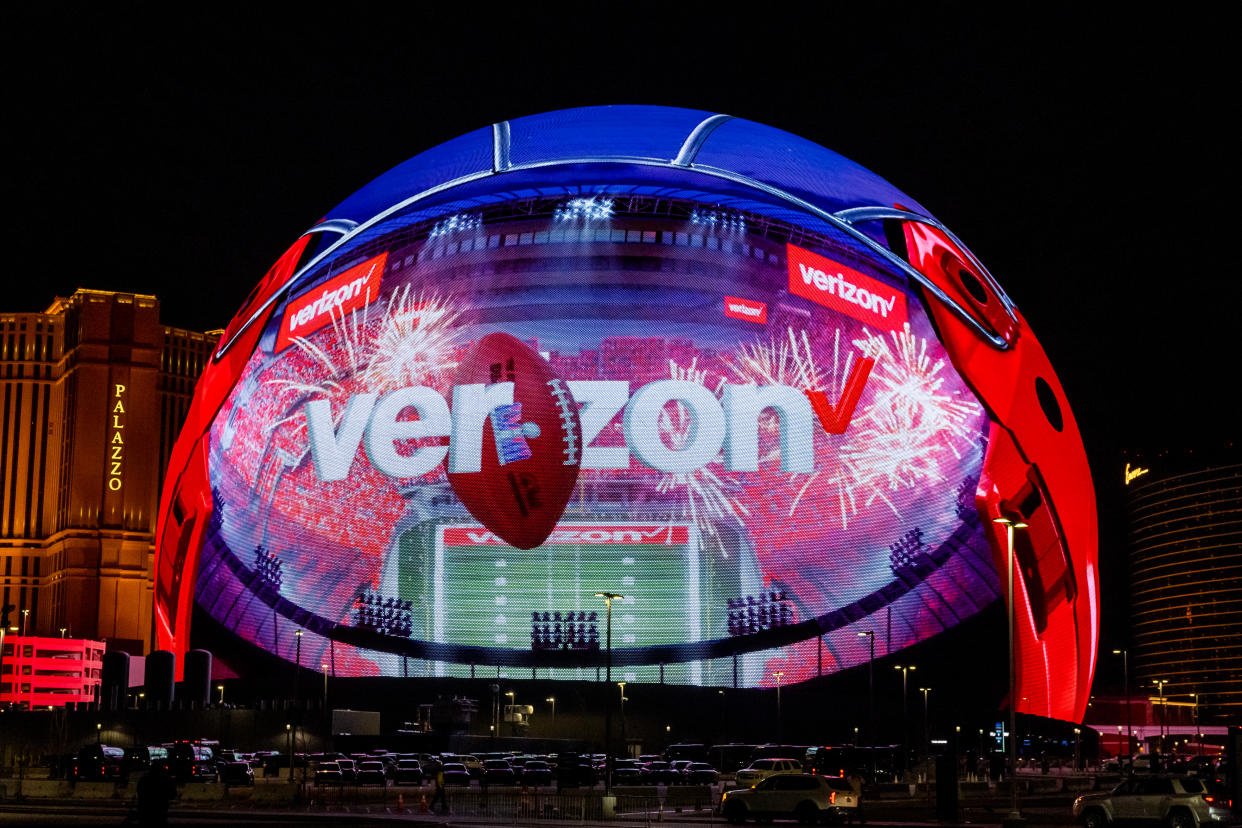 LAS VEGAS, NV - FEBRUARY 09: The Sphere displays advertising featuring the Verizon logo with a football leading up to Super Bowl LVIII featuring the NFC Champion San Francisco 49ers and the AFC Champion Kansas City Chiefs on February 9, 2024 at the MSG Sphere in Las Vegas, Nevada. (Photo by Jeff Speer/Icon Sportswire via Getty Images)