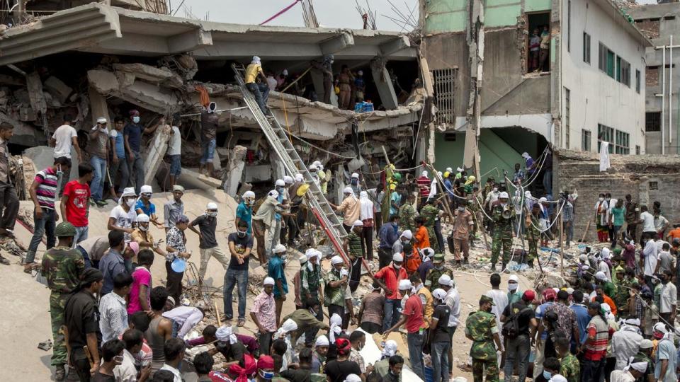 Collapsed Building Site As Garment Workers Protest