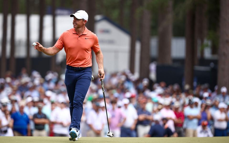 Rory McIlroy of Northern Ireland reacts on the second green during the first round of the 124th U.S. Open