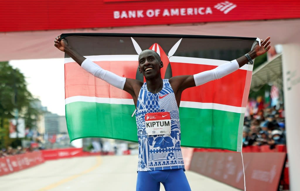 Kelvin Kiptum of Kenya celebrates his Chicago Marathon world record victory in Chicago’s Grant Park on Sunday, Oct. 8, 2023. Kiptum died in a car crash in Kenya late Sunday, Feb. 11, 2024. He was 24. (Eileen T. Meslar/Chicago Tribune via AP)