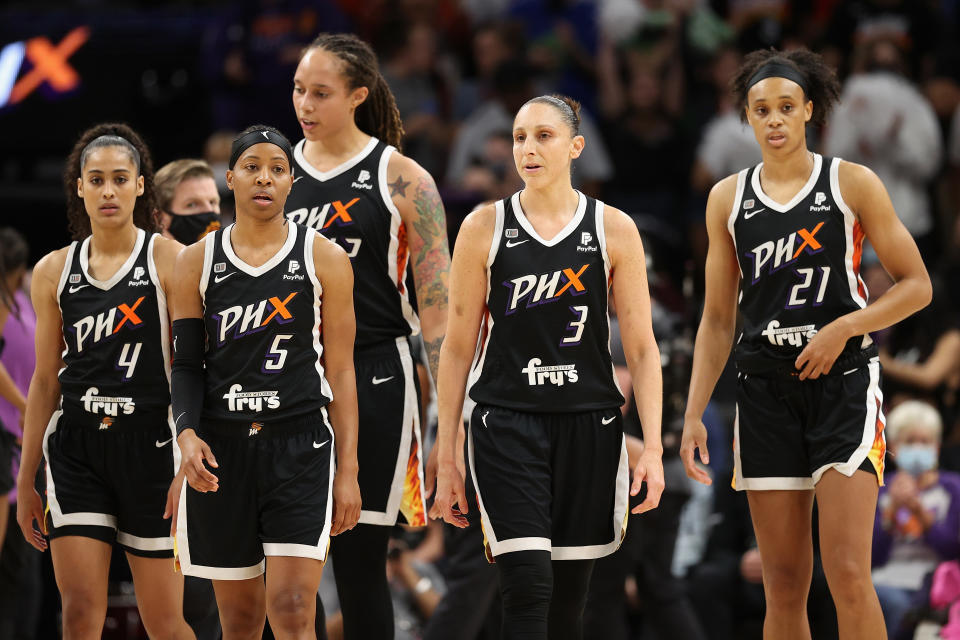 PHOENIX, ARIZONA - OCTOBER 13: (L-R) Skylar Diggins-Smith #4, Shey Peddy #5, Brittney Griner #42, Diana Taurasi #3 and Brianna Turner #21 of the Phoenix Mercury walk down the court during the second half in Game Two of the 2021 WNBA Finals against the Chicago Sky at Footprint Center on October 13, 2021 in Phoenix, Arizona.  The Mercury defeated the Sky 91-86 in overtime. NOTE TO USER: User expressly acknowledges and agrees that, by downloading and or using this photograph, User is consenting to the terms and conditions of the Getty Images License Agreement.  (Photo by Christian Petersen/Getty Images)