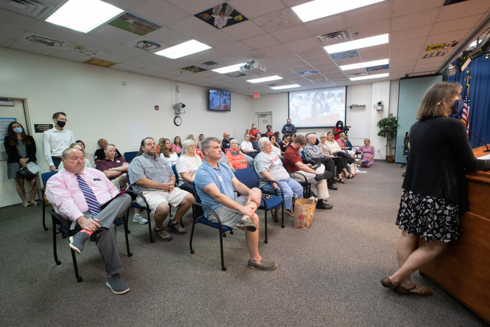 The district will advertise to hold a public hearing for the new draft of the Student and Parent Bill of Rights policy. In this photo, A mostly unmasked crowd fills the room to capacity during a Leon County School Board meeting Tuesday, July 27, 2021.
