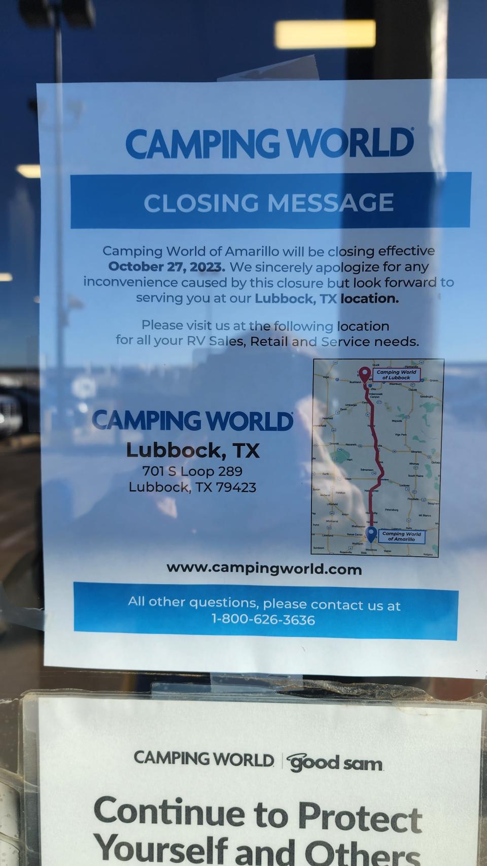 Camping World announced that its Amarillo location will permanently close Oct. 27. A sign on the door notes "We sincerely apologize for any inconvenience caused by this closure but look forward to serving you at our Lubbock, TX location."