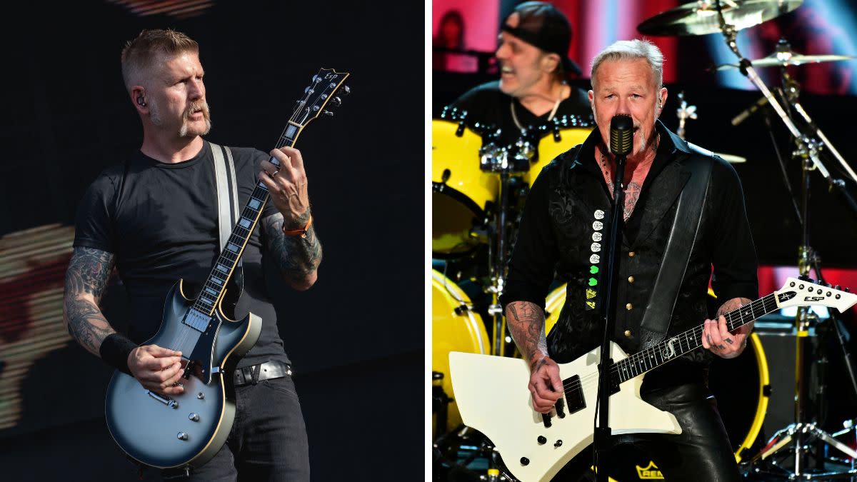  Left - Guitarist Bill Kelliher of Mastodon performs on stage during the Hellfest Open Air Festival on June 17, 2022 in Clisson, France;Right - Lars Ulrich and James Hetfield of the band Metallica perform at the 2024 Library of Congress Gershwin Prize for Popular Song on March 20, 2024 at DAR Constitution Hall in Washington, DC. 