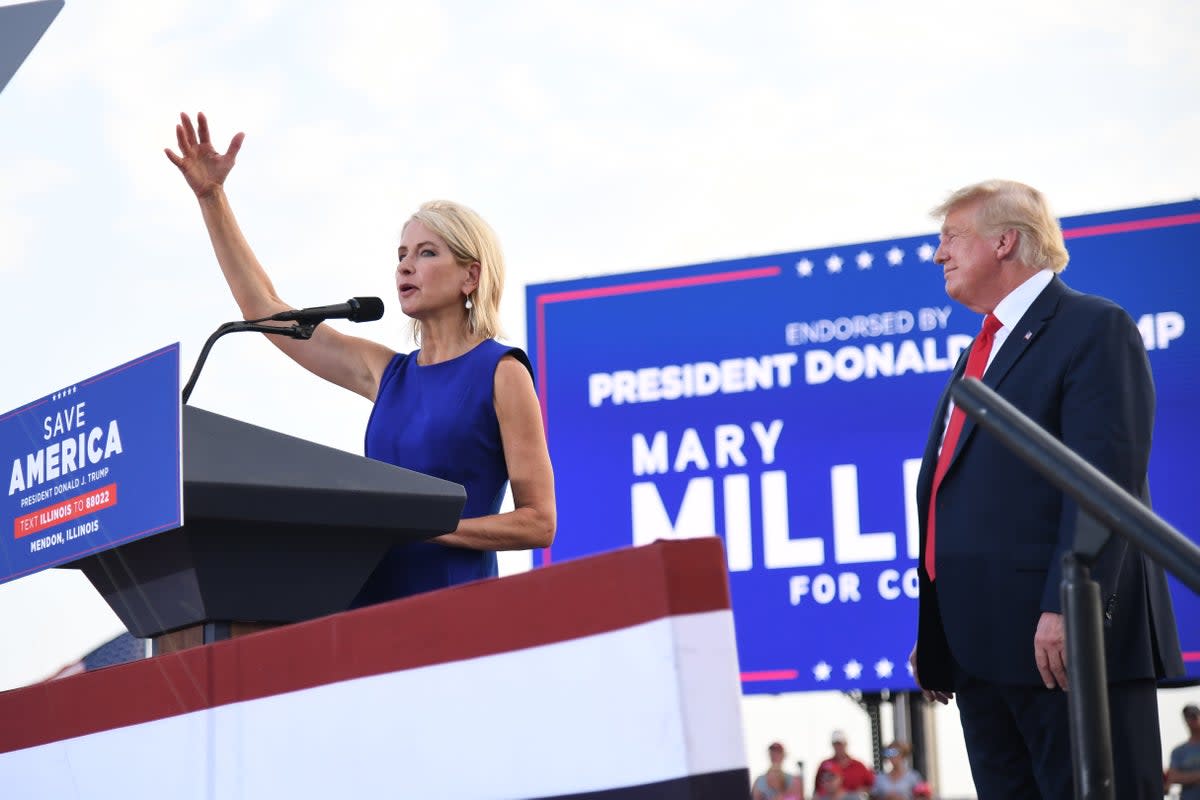 US Representative Mary Miller (Republican) gives remarks after receiving an endorsement during a Save America Rally with former US President Donald Trump at the Adams County Fairgrounds on June 25, 2022 in Mendon, Illinois.  (Getty Images)