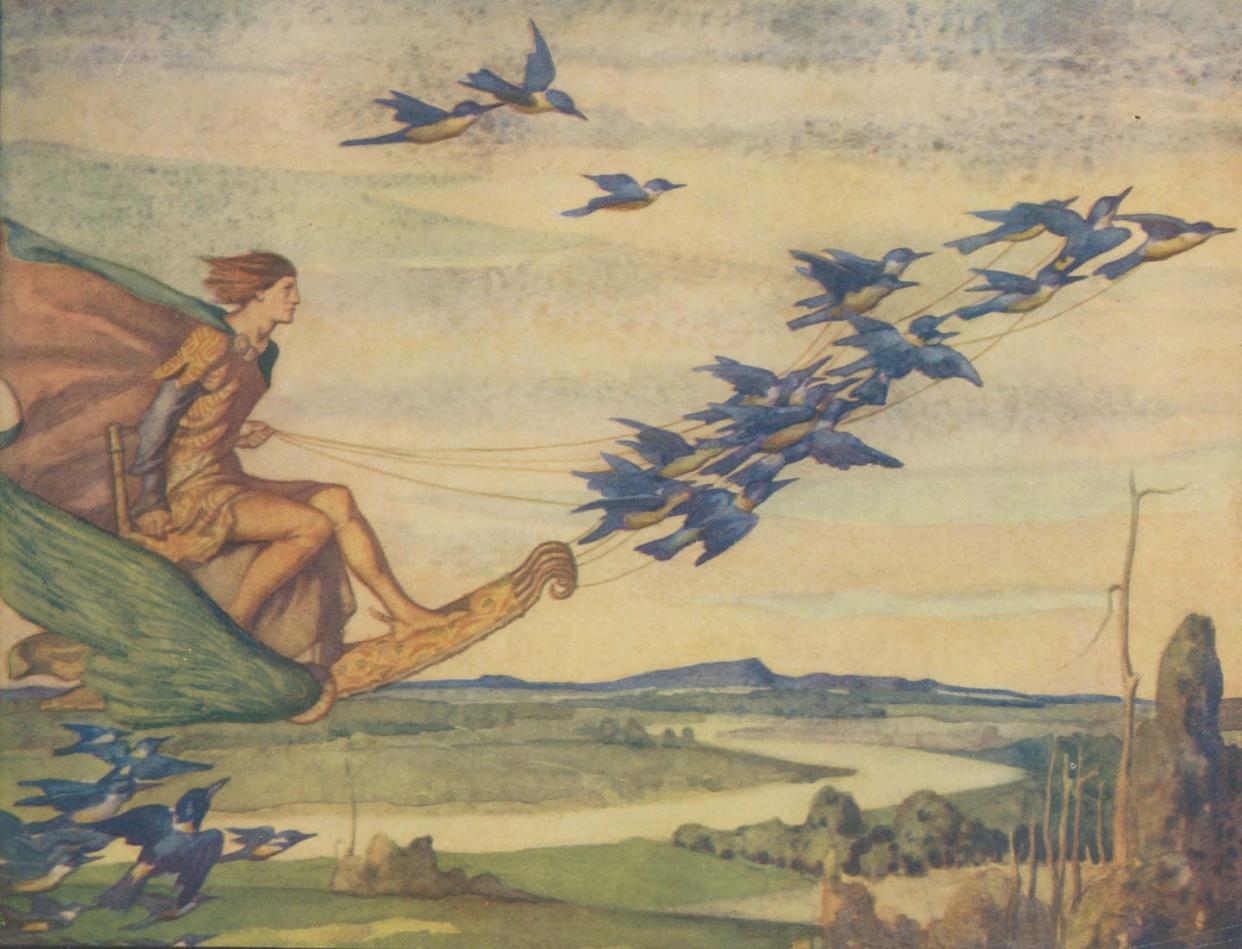 <span class="caption">A prince flies in a carriage propelled by kingfishers in Hume Cook's Australian Fairytales.</span> <span class="attribution"><span class="source">Author provided</span></span>