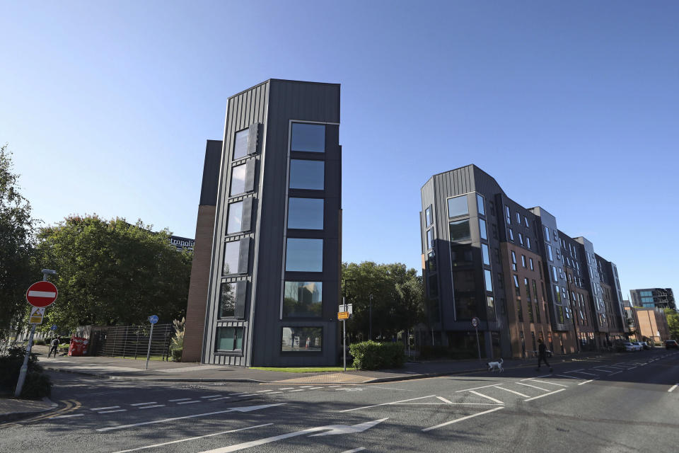 A view of Manchester Metropolitan University's Birley campus where hundreds of students have been told to self-isolate after over 100 of them tested positive for coronavirus, in Manchester, England, Saturday, Sept. 26, 2020. (Peter Byrne/PA via AP)