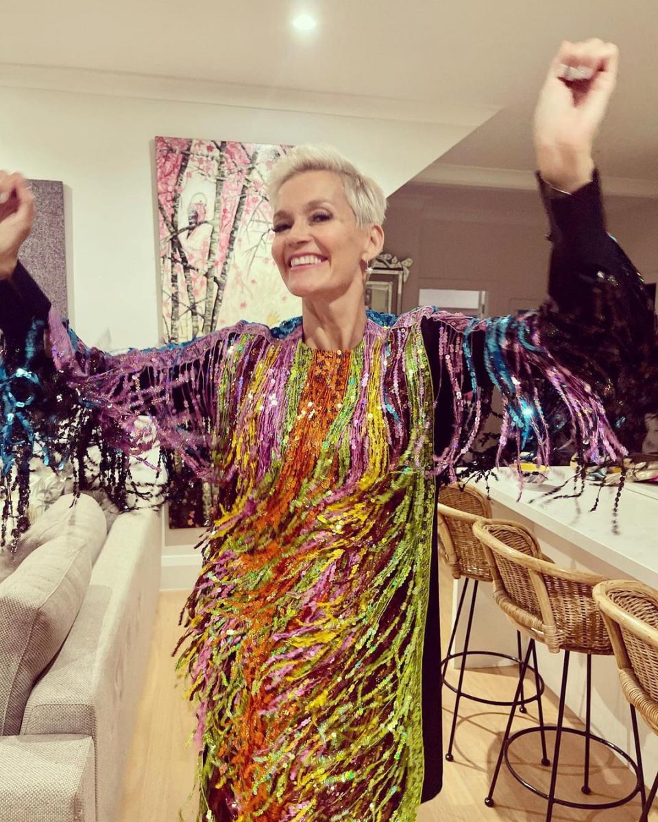 Former Studio 10 host Jess Rowe wearing a rainbow sequinned dress