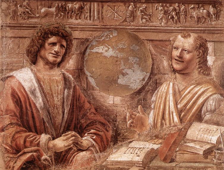 <span class="caption">Fresco of Heraclitus and Democritus from 1477.</span> <span class="attribution"><span class="source">Donato Bramante</span></span>