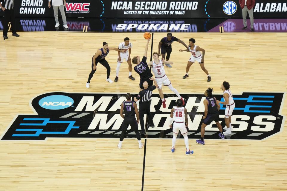 The Grand Canyon Antelopes and the Alabama Crimson Tide play in the March Madness NCAA Tournament on March 24, 2024, in Spokane, Wash.