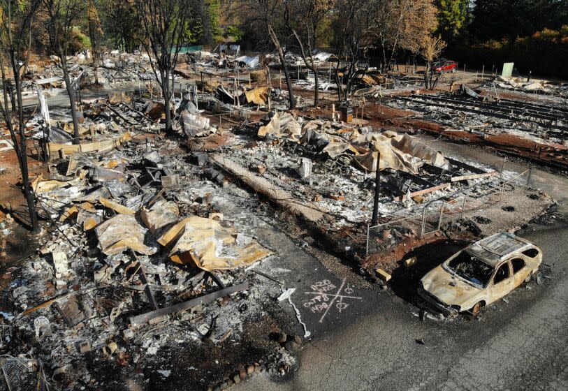 PARADISE, CALIFORNIA--NOV, 2018--All but a few homes in the Pine Grove Mobile Home Park were destroyed in the Camp fire. The mobile home park is next door to the Paradise Alliance Church on Clark Road in Paradise. The Camp Fire was the deadliest and most destructive wildfire in California history. The fire started on November 8, 2018, in Butte County, in Northern California. It covered an area of about 153,336 acres and destroyed 18,804 structures, with most of the damage occurring within the first two days. It caused at least 86 civilian fatalities. (Carolyn Cole/Los Angeles Times)