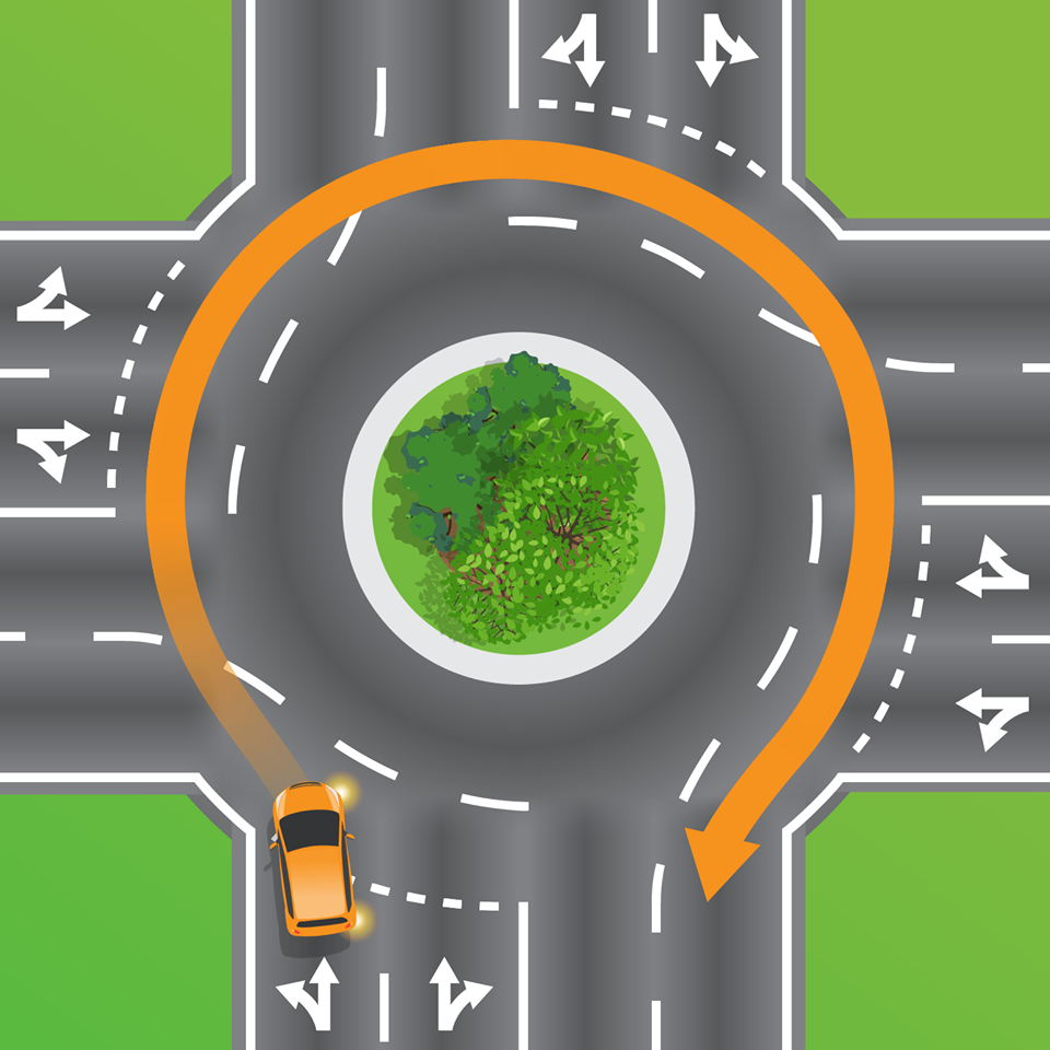Department of Transport and Main Roads (Queensland) graphic shows a car at a four-lane roundabout in the left lane. The department asked people if they knew the road rules - can the car perform a U-turn?
