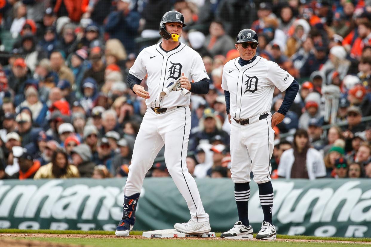 Detroit Tigers second base Colt Keith (33) is being intentionally walked against Oakland Athletics during the eighth inning of the home opening day at Comerica Park in Detroit on Friday, April 5, 2024.