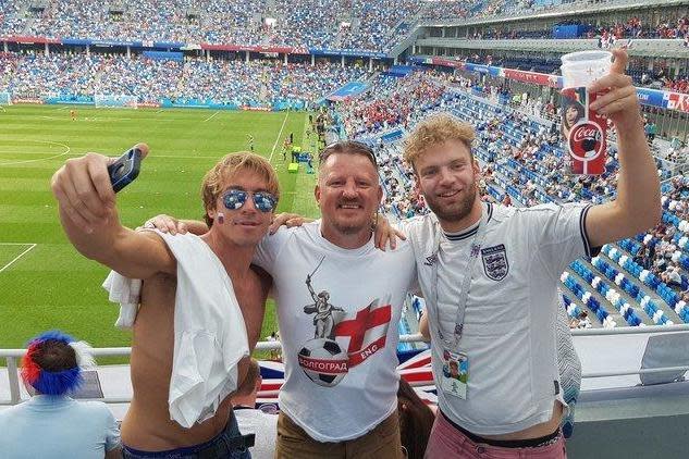 Dave Mills celebrates England's win against Panama with other fans during the World Cup in Russia (Dave Mills)