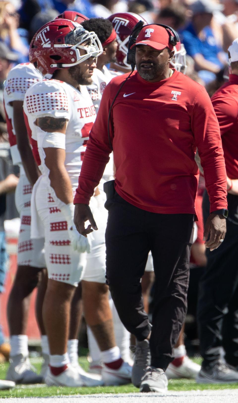 Temple Owls head coach Stan Drayton walks the sideline during a game against the Memphis Tigers on Saturday, Oct. 1, 2022, at Simmons Bank Liberty Stadium. The Tigers defeated the Owls 24-3.