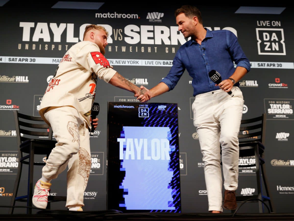 Jake Paul (left) and Eddie Hearn co-promoted Katie Taylor Taylor vs Amanda Serrano in April  (Getty Images)