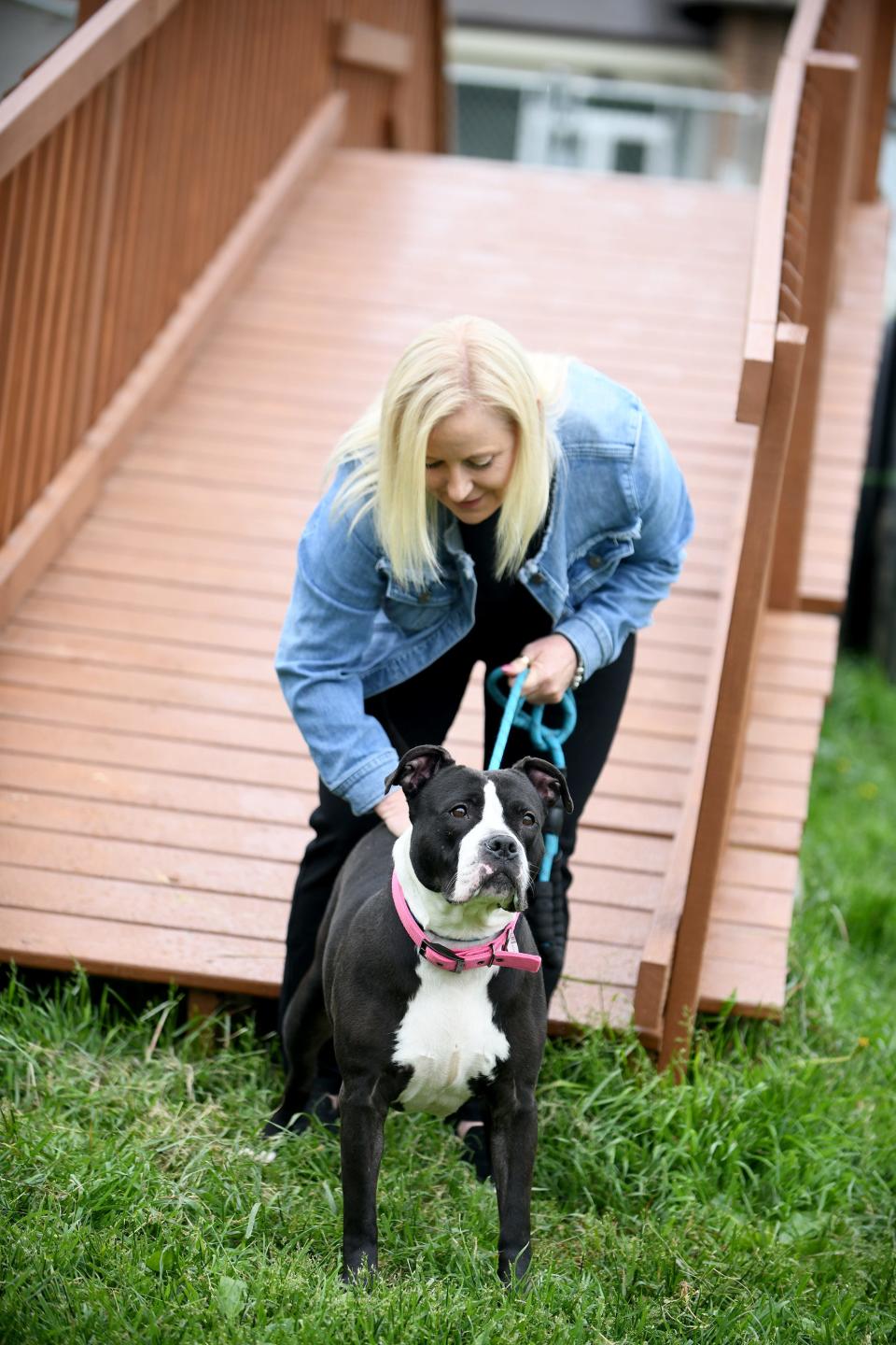 Stark County Humane Society Executive Director Jackie Godbey with rescue dog Baby Girl on an agility course created by GlenOak sophomore Jacob Price for his Eagle Scout project.