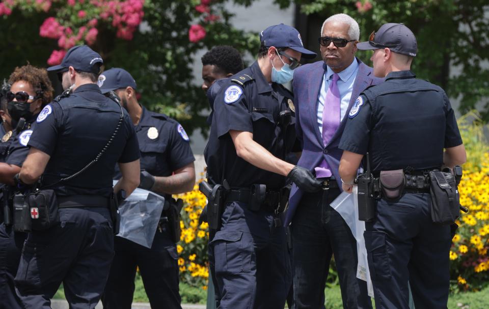 U.S. Rep. Hank Johnson (D-GA) is arrested by U.S. Capitol Police during a “Brothers Day of Action on Capitol Hill” protest event outside Hart Senate Office Building on Capitol Hill July 22, 2021 in Washington, DC. Advocacy organization Black Voters Matter held the event in support of voting rights and the passage of H.R. 1, the For the People Act, and H.R. 4, the John Lewis Voting Rights Advancement Act by Congress.