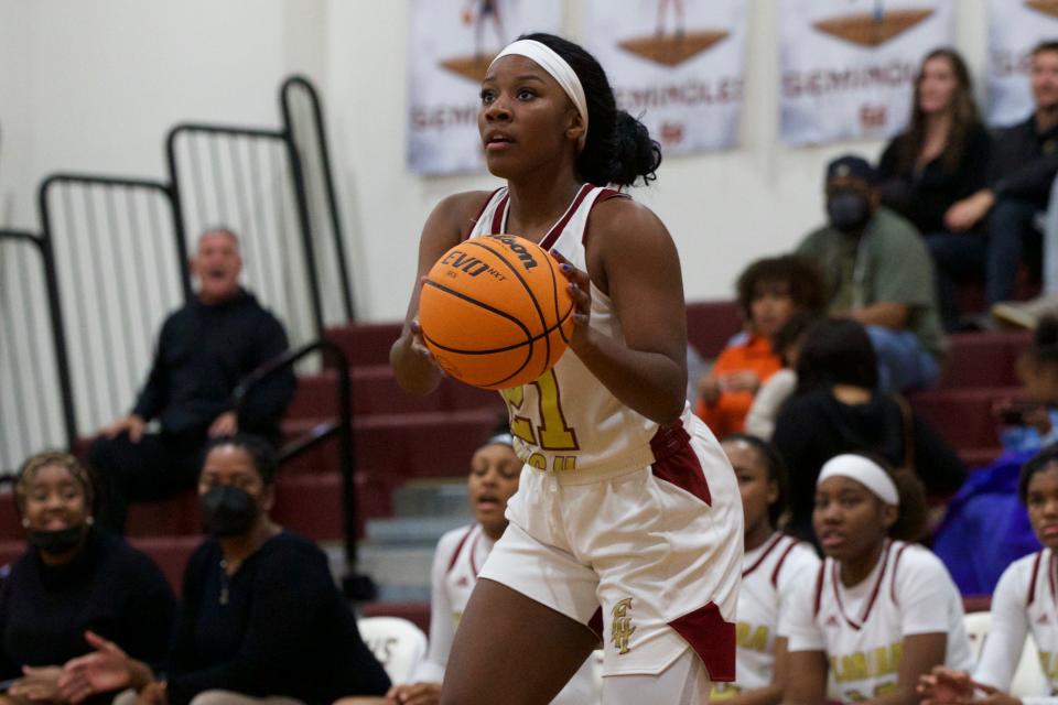 Florida High senior Audia Young (21) prepares to shoot the ball in a game against Wekiva on Jan. 21, 2022 at Florida High. The Seminoles won, 55-45.