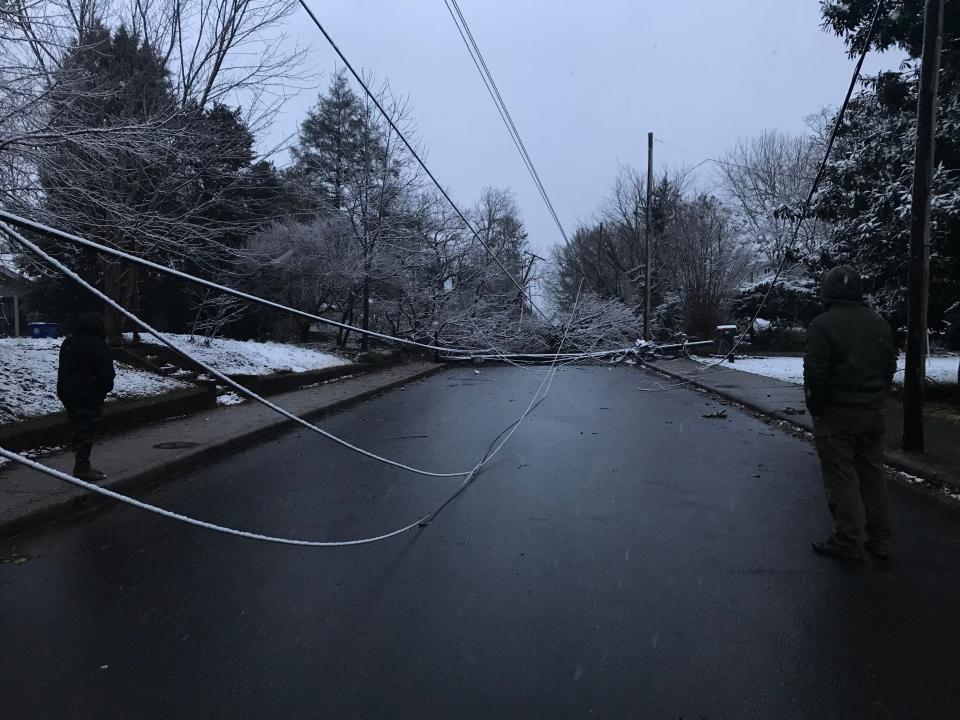 Downed power lines and trees block Westwood Place in the area near the Haywood Road intersection Jan. 3, 2022.