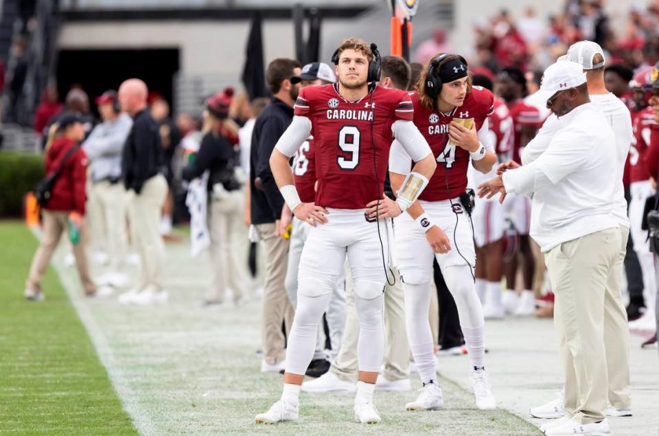 South Carolina Gamecocks quarterback Luke Doty (9) looks on from the sideline, along with quarterback South Carolina Gamecocks quarterback Colten Gauthier (4), at Williams-Brice Stadium in Columbia, SC on Saturday, Oct. 29, 2022.