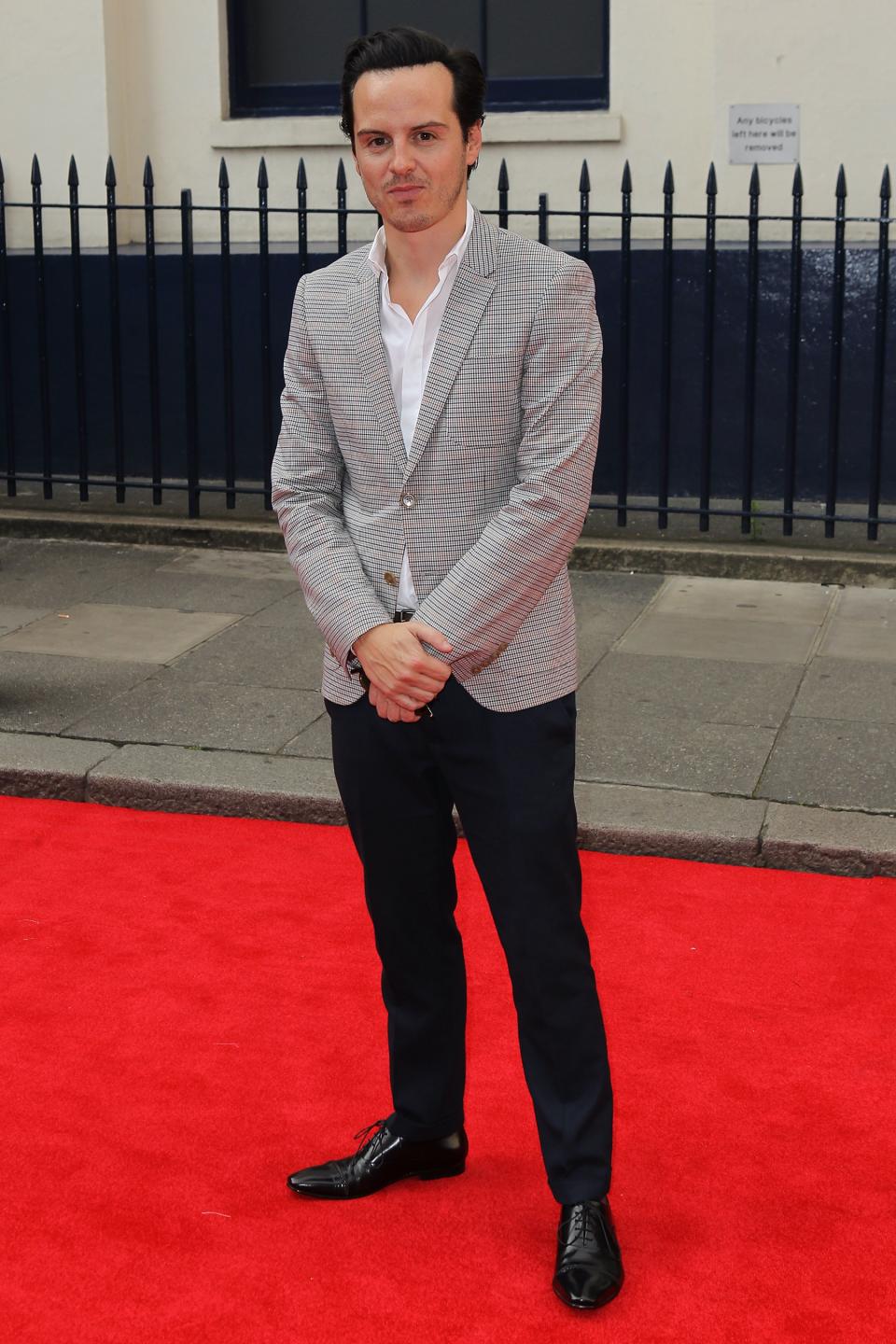 Andrew Scott, dress shoes, blazer, printed blazer, Charlie and the Chocolate Factory, suits, suiting, loafers, brogues, shoes, footwear, menswear, men's style, celebrity style, celebrity red carpet, red carpet, premiere