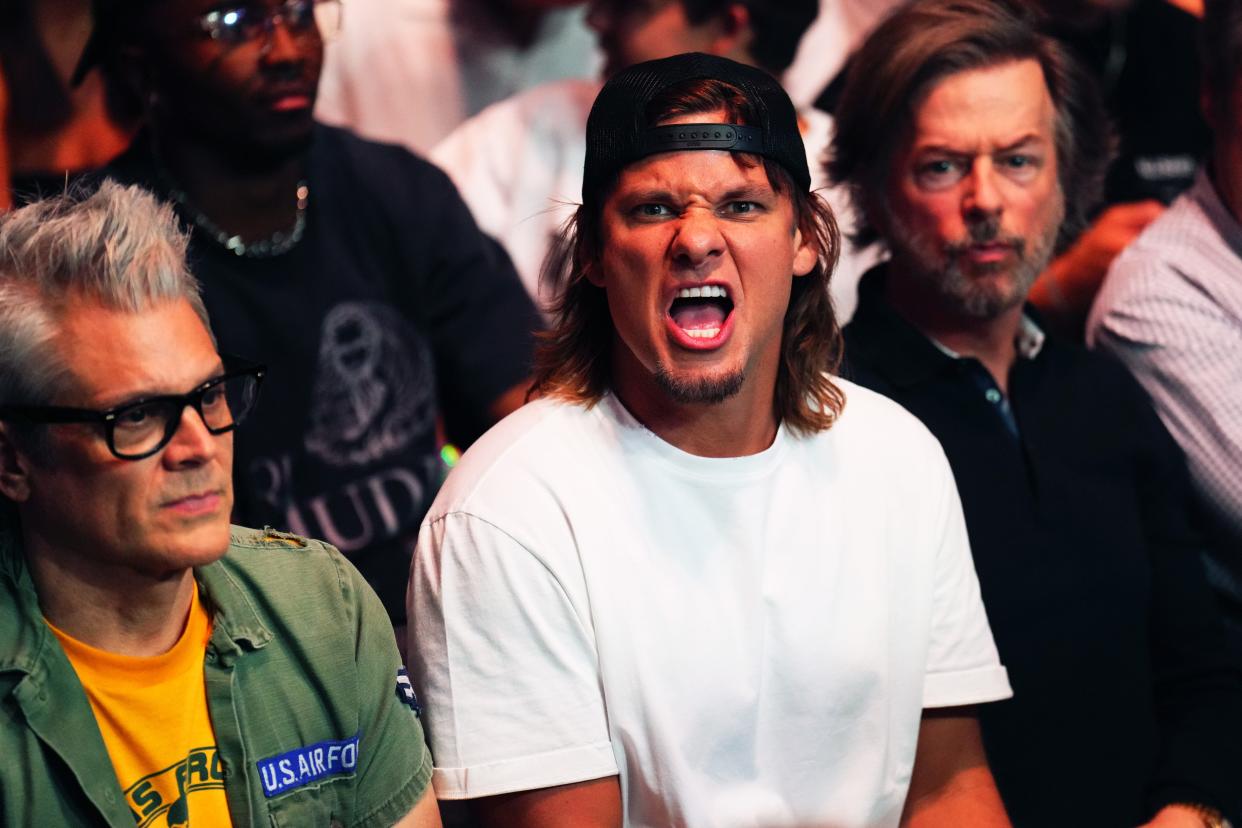 Johnny Knoxville, Theo Von and David Spade attend the UFC 290 event at T-Mobile Arena on July 08, 2023 in Las Vegas, Nevada.